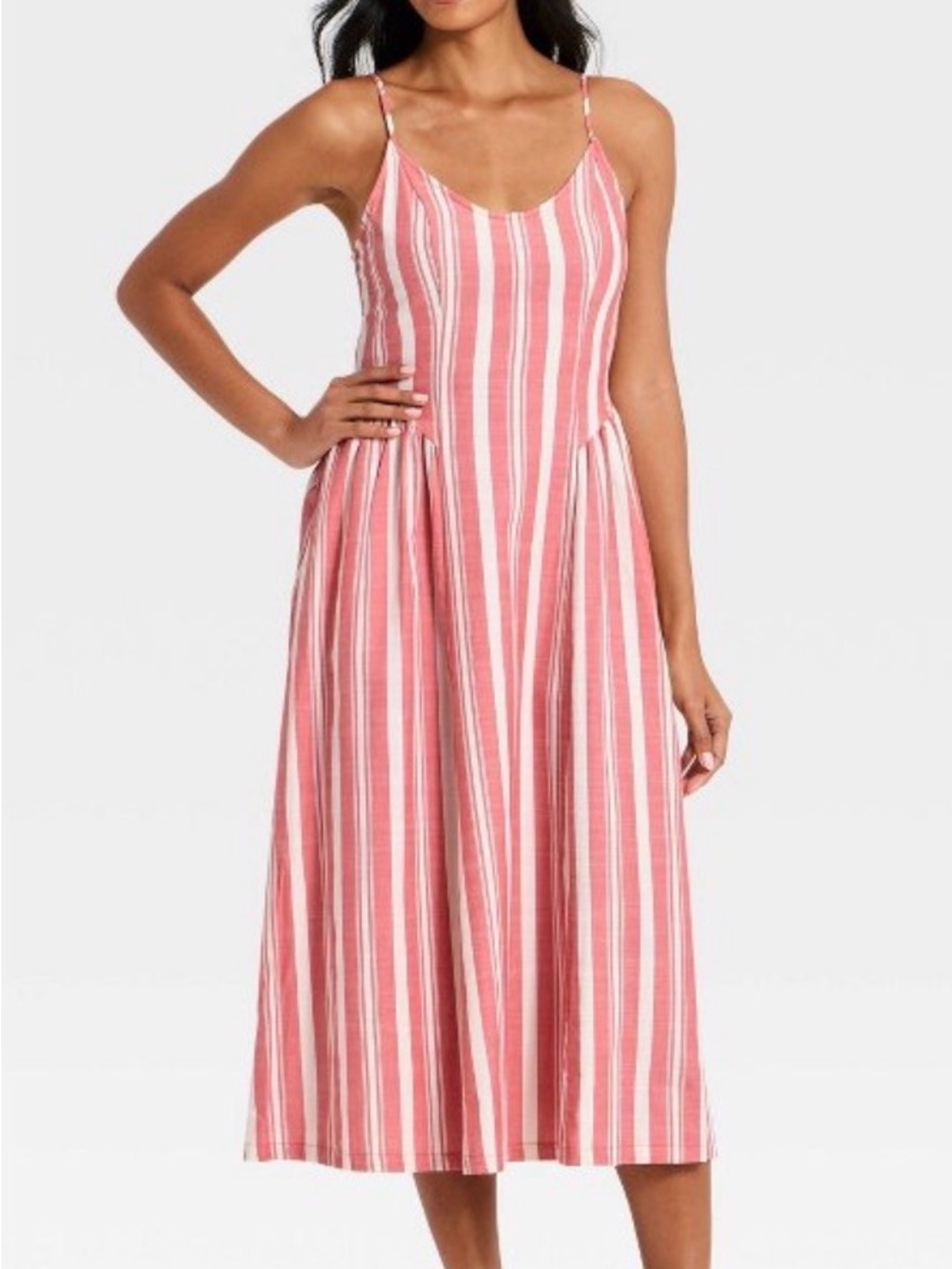 Universal Thread Striped Midi Dress with Adjustable Straps & Pockets, Size Med